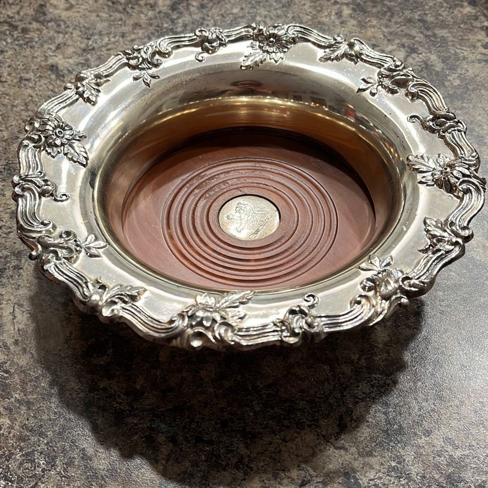 Vintage champagne bottle coaster, silver plated copper, heavy IFS